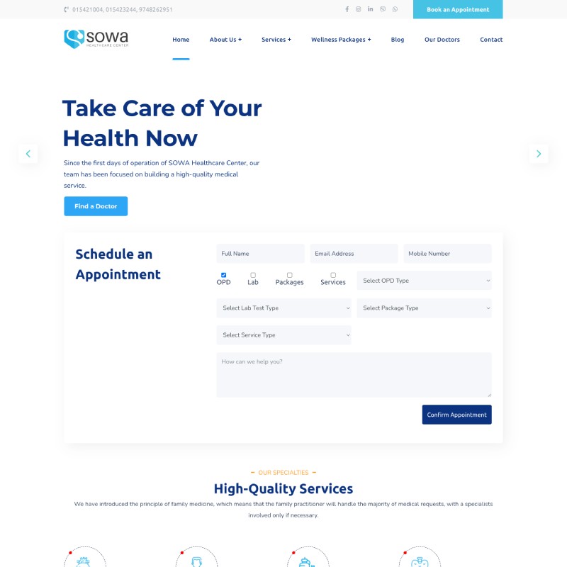 Homepage of a health care website featuring services, patient resources, and contact information for medical assistance.