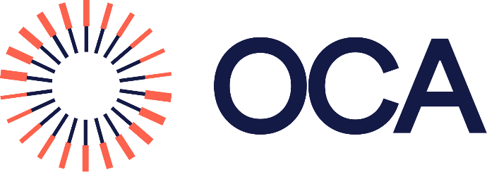 OCA logo featuring a circular design with orange and navy blue rays on the left and the text 'OCA' in bold navy blue font on the right.