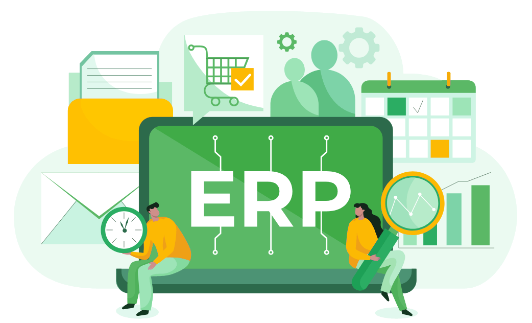 Illustration of ERP software concept featuring a large green screen with 'ERP' written on it, surrounded by icons representing business processes like emails, calendars, shopping carts, graphs, and documents. Two people in yellow shirts interact with elements, symbolizing teamwork and data analysis.